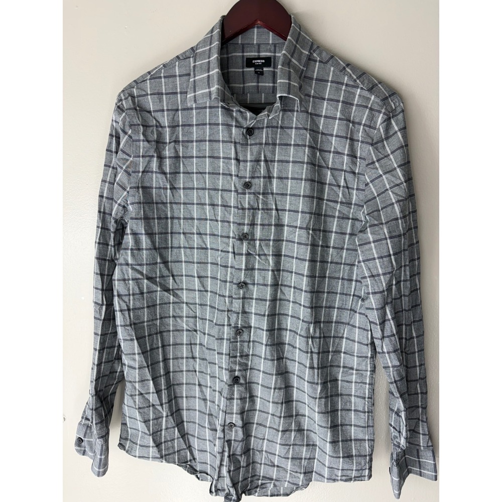 Express Slim 1MX Mens Medium Grey White Windowpane Plaid Button Down Shirt